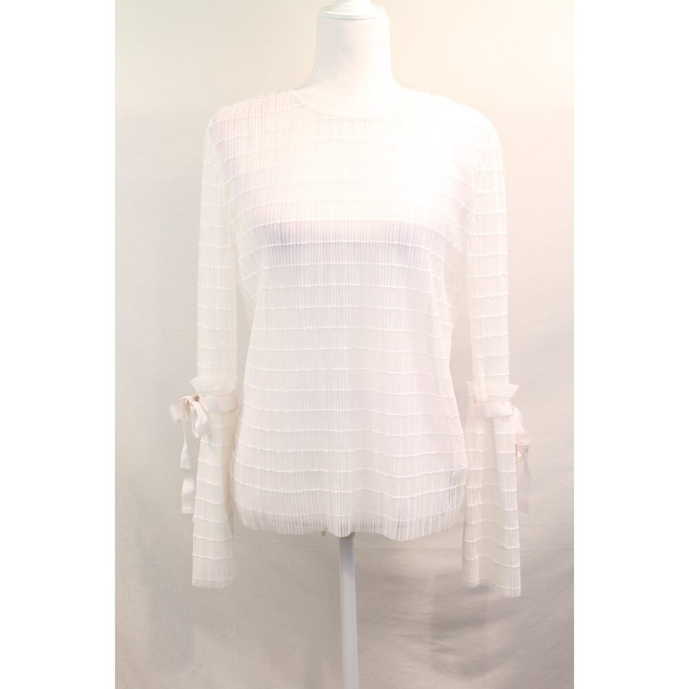 Topshop Sheer Mesh Top Womens size 8 White Long Bow Flare Sleeve Button Keyhole